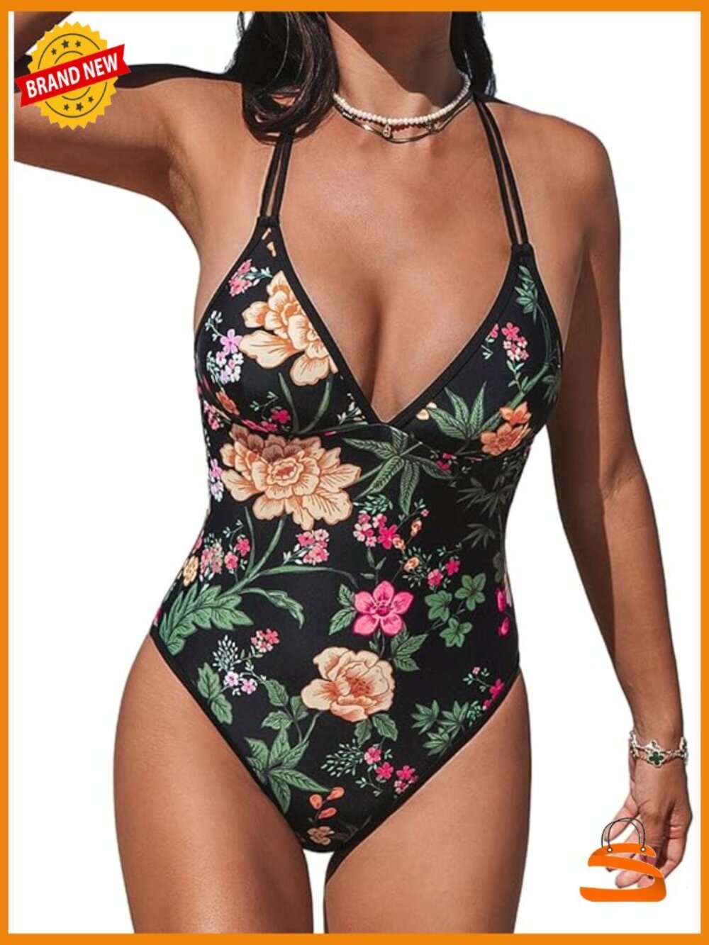 One Piece Swimsuit V Neck Cutout Back Self Tie Double Straps Removable Cups